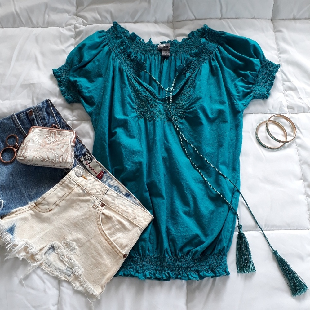 🦩 5/$25 🦩Bohemian Peasant Turquoise Top sz M